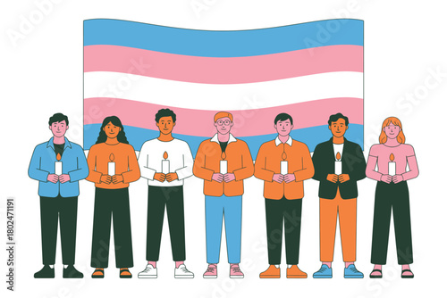 A diverse group of individuals stands in front of a transgender flag, holding candles in remembrance.