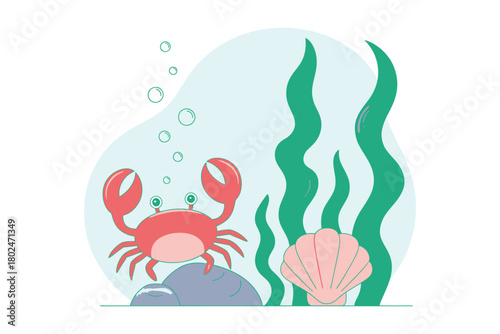 A cartoon crab swims near seaweed and a seashell underwater.
