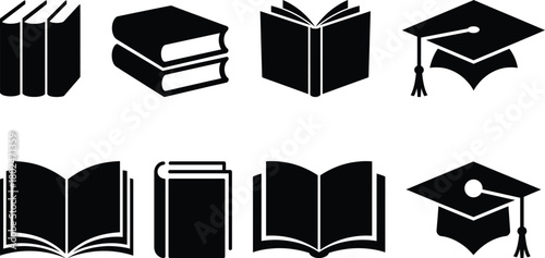 Education and learning icons set with books and graduation caps