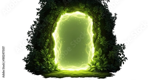 Glowing mystical portal surrounded by dark foliage isolated on white background