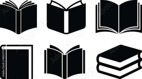 Simple black book icons for education, knowledge, and literature