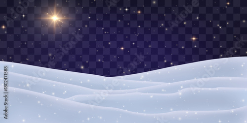 Vector Christmas night png. Night snowdrifts with stary sky on transparent background. Snow night landscape stars, frozen hills with snowbanks texture.
