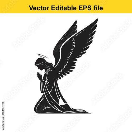 Silhouette of an angel with wings and halo praying on knees, isolated on