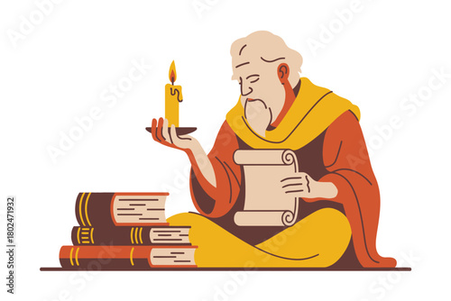 Ancient scholar examines a scroll by candlelight next to a stack of books.