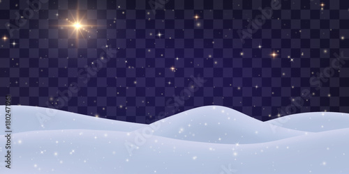 Vector Christmas night png. Night snowdrifts with stary sky on transparent background. Snow night landscape stars, frozen hills with snowbanks texture.
