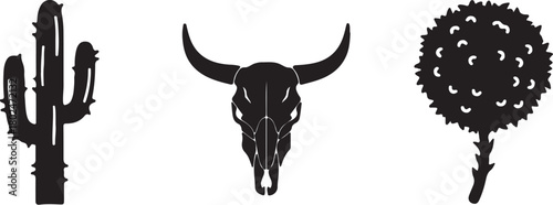 Desert wildlife illustration of cactus cow skull and globe thistle plant