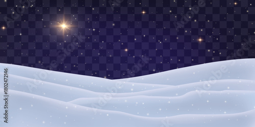 Vector Christmas night png. Night snowdrifts with stary sky on transparent background. Snow night landscape stars, frozen hills with snowbanks texture.
