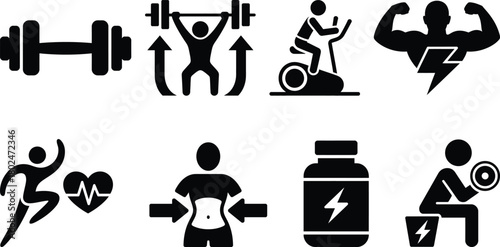 Fitness and gym workout health icon set for active lifestyle
