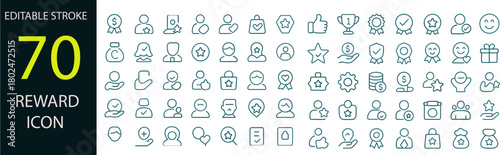 70 Reward Icon Set – Bonus, Badge, Award, Achievement, and Recognition Vector Icons