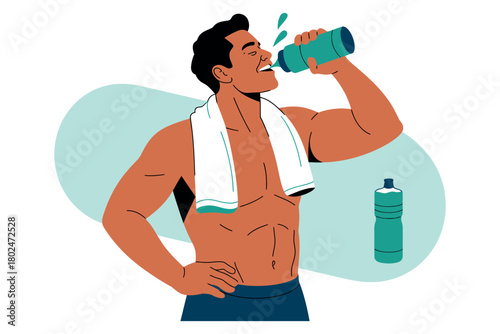 Fit man with towel around neck drinks from water bottle after exercise