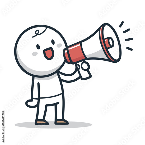 Simple character illustration holding a megaphone announcing important news with bold typography and vibrant colors