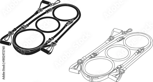 Detailed illustration of resistance bands exercise set with loop bands, handles, and clips for fitness training, workout equipment, and home gym use