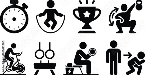 Fitness and sports icons set: workout, training, achievement, health.