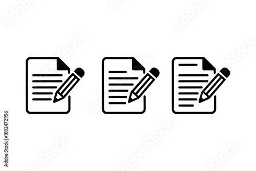 Three icons depicting a document with lines and a pencil writing on it.