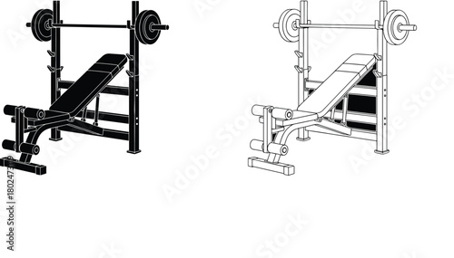 Detailed illustration of adjustable weight bench with barbell rack, fitness equipment design for gym workout, bodybuilding, training, exercise concepts