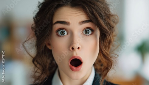 Portrait Of A Astonished Female Manager Expressing Surprise And Shock With Wide Eyes And Open Mouth In A Library Or Office Setting.