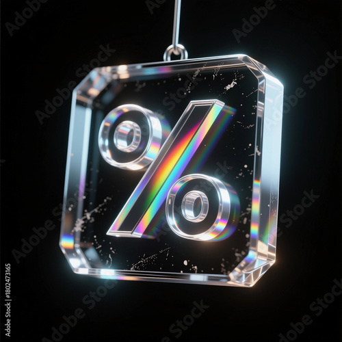 Percent sign in 3D transparent glass on a black background