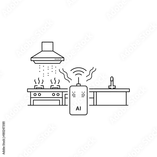 AI smart kitchen sensor with Wi-Fi monitoring a stove, a minimalist line art icon.