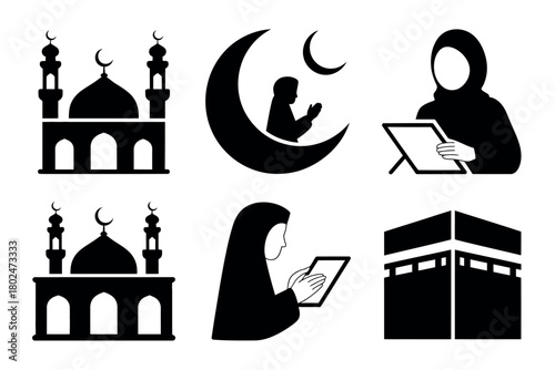 A collection of Islamic cultural icons including mosques, a person praying under a crescent moon, and the Kaaba.