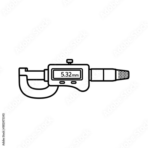 Digital micrometer line art icon showing a precise 5.32mm measurement on its screen.