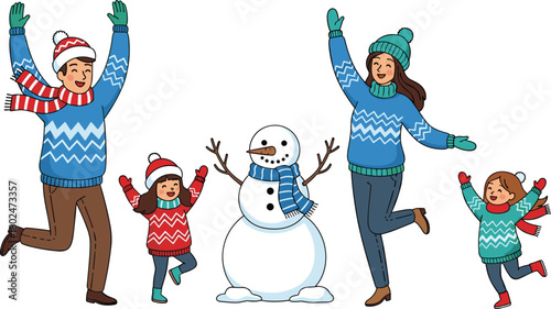 Happy family enjoying winter holiday outdoors building snowman, cheerful parents and kids wearing warm clothes celebrating Christmas season in fun illustration