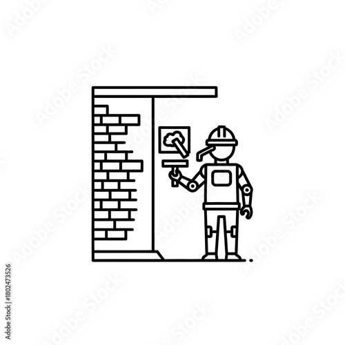 Line Art Illustration of a Construction Worker Plastering a Wall with Tools.