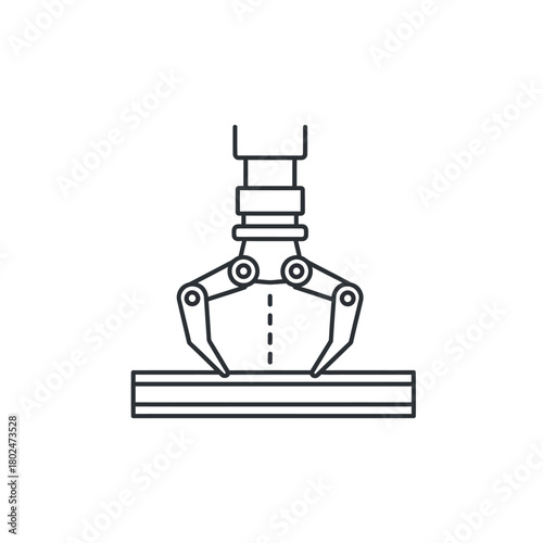 Industrial robotic arm with a mechanical gripper, a simple black line art icon for automation and manufacturing.
