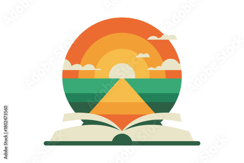 An open book opens to a vibrant sunset landscape, symbolizing knowledge and adventure.