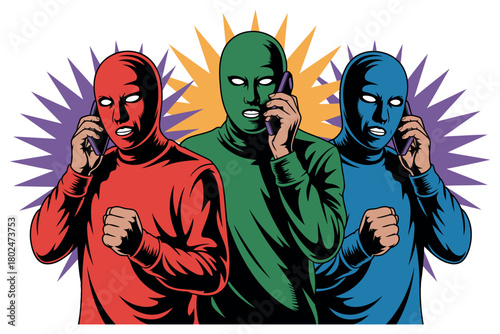 Three masked figures in red, green, and blue discuss something on their phones.