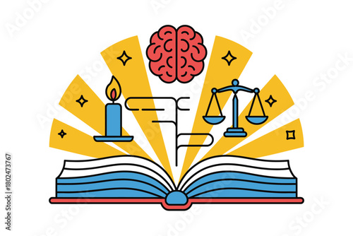 An open book displays symbols of knowledge, justice, and learning, radiating light.
