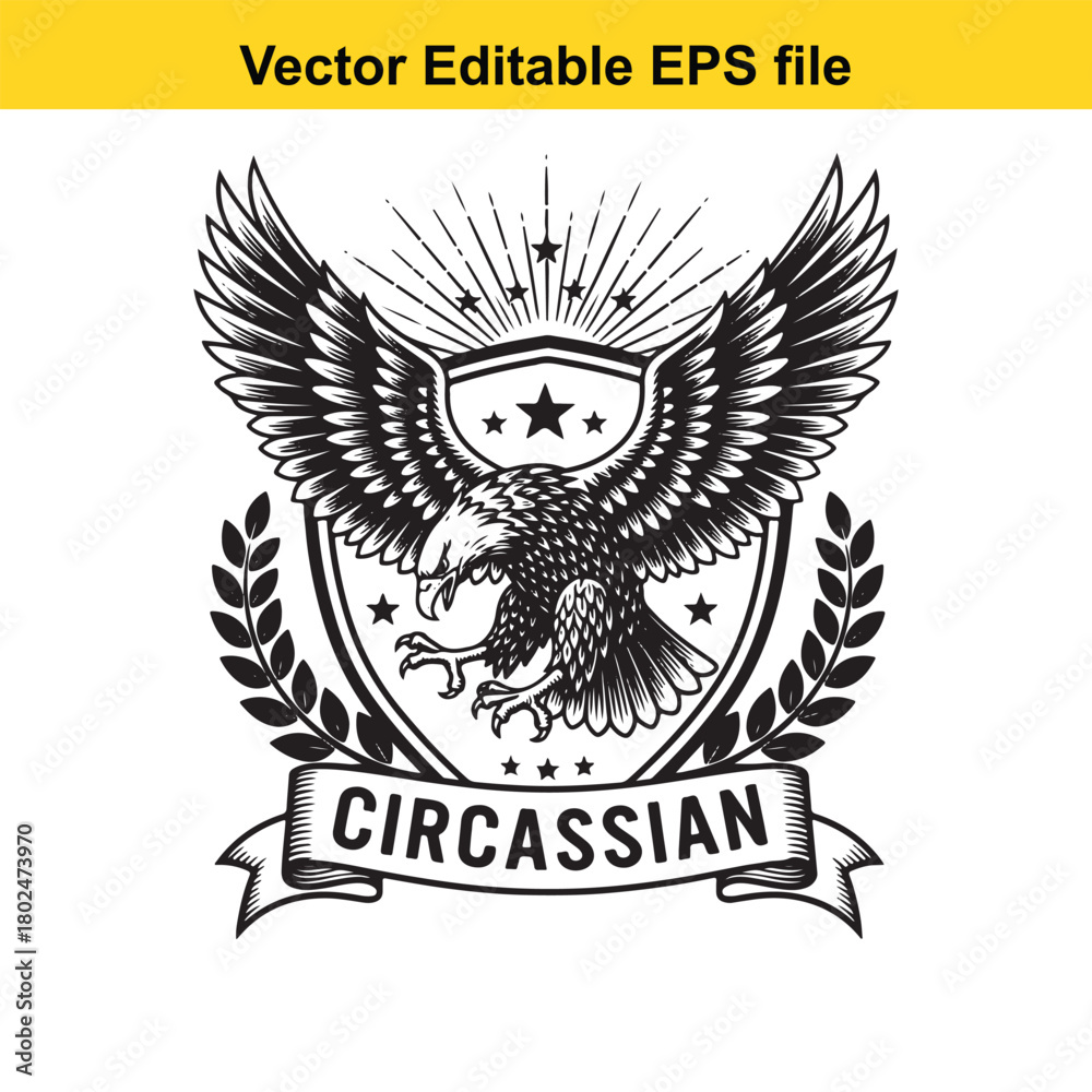 Fototapeta premium Circassian eagle emblem with outstretched wings, laurel branches, and stars, isolated on