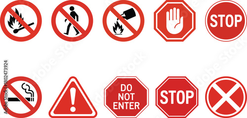Collection of red and white warning, prohibition, and stop signs