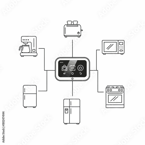 Smart Home Control Panel with Touchscreen Interface Connecting Various Appliances.