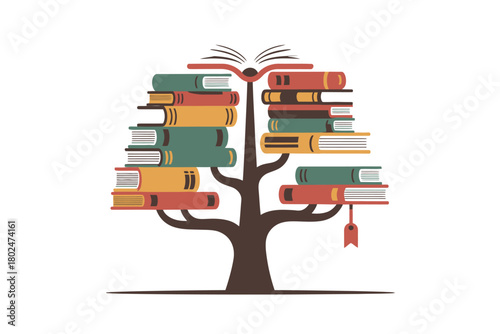 A tree with branches made of stacked books stands against a white background.