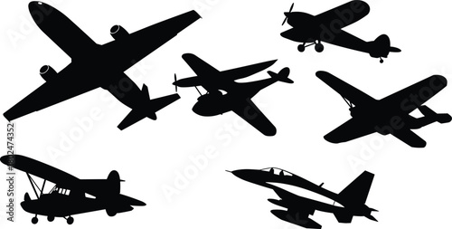 Airplane silhouettes, aircraft shapes, aviation icons, jet and propeller planes, black vector planes, flight design, transportation, engineering, travel
