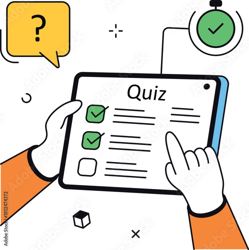 Online quiz on tablet with clock education isometric flat vector illustration
