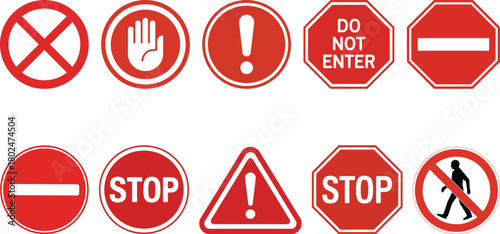 Collection of red stop, warning, and prohibition road signs vector set