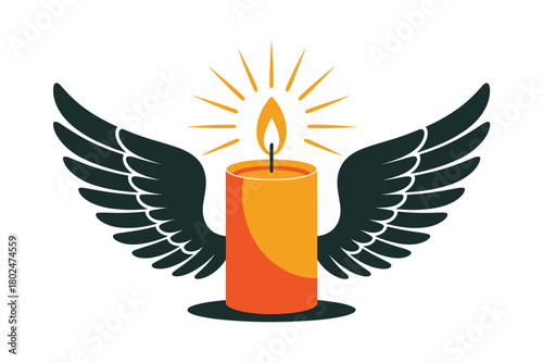 A lit candle with spreading wings and radiating light.
