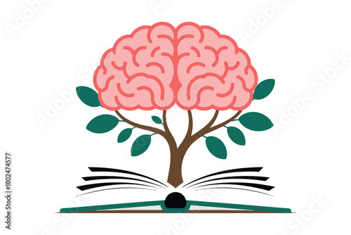 An illustration of a brain growing from a tree planted on an open book.