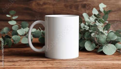 11 Oz White Mug Mockup Featuring Eucalyptus On Wooden Table - Photorealistic Mug Mockup For Added Style And Elegance.