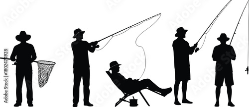 Silhouette fishermen collection, outdoor fishing activity, anglers casting rods, relaxing fisherman sitting, fishing hobby artwork, recreational sport fishing illustration set