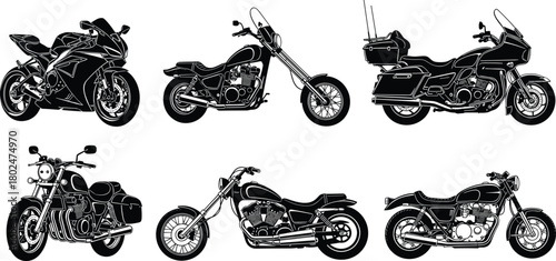 Silhouette motorcycle collection, diverse bike types, chopper cruiser design, touring motorcycle graphic, sportbike illustration set, classic retro motorbike artwork
