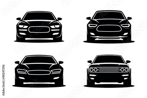 Four stylized black car front views are arranged in a grid on a white background.