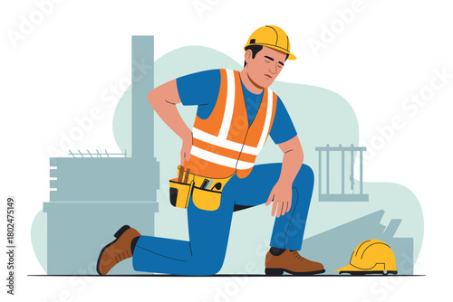 Construction worker in pain holding his back while kneeling on a site.