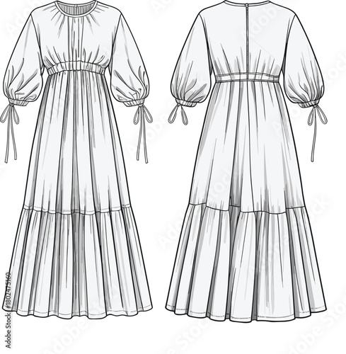 Elegant long dress fashion sketch, technical illustration, puff sleeve gown design, empire waist, tiered skirt, front and back view drawing