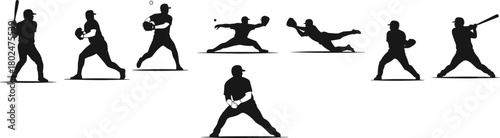 Baseball silhouettes vector collection of batting, pitching, fielding, catching, throwing, sliding players, black sports icons for game, team training design.