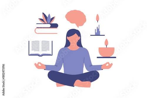 A woman meditates surrounded by symbols of knowledge and tranquility.