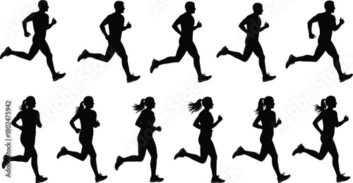 Running silhouettes vector collection of male and female joggers in motion, black fitness icons set for sport, marathon, training, workout, athletics design.