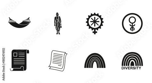 Set of silhouette icons featuring diversity, culture, and inclusion elements