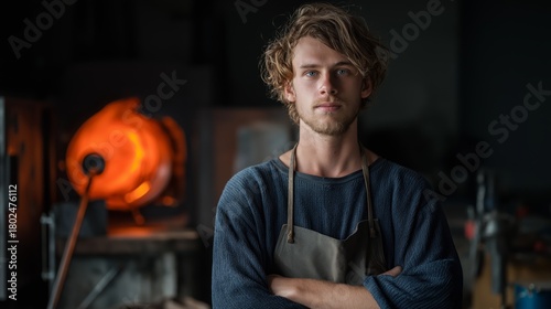 glass blower artisan standing at workshop with furnace as background